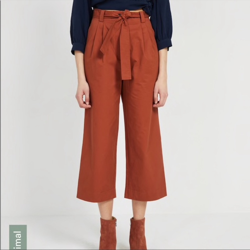 FRANK & Oak Wide Leg High Waisted Belted Pants Cropped Burnt Orange Cotton